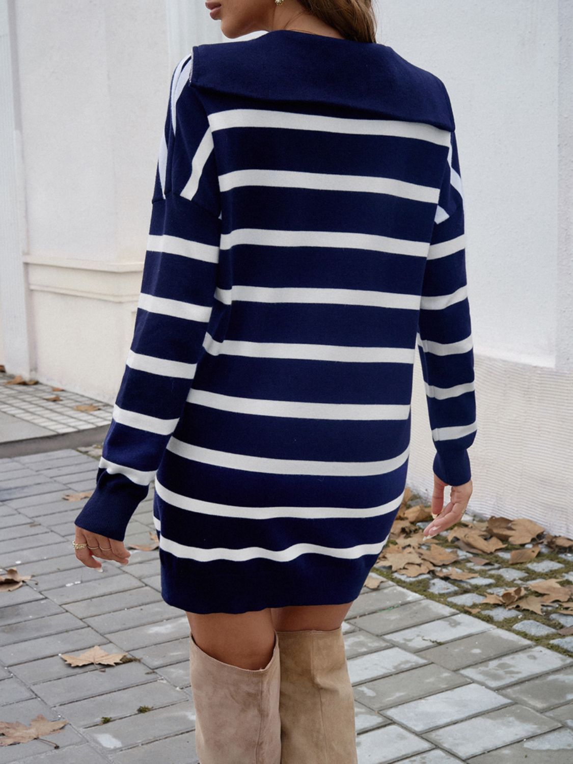 Devine Quarter Zip Striped Long Sleeve Sweater Dress Orchid Unique 