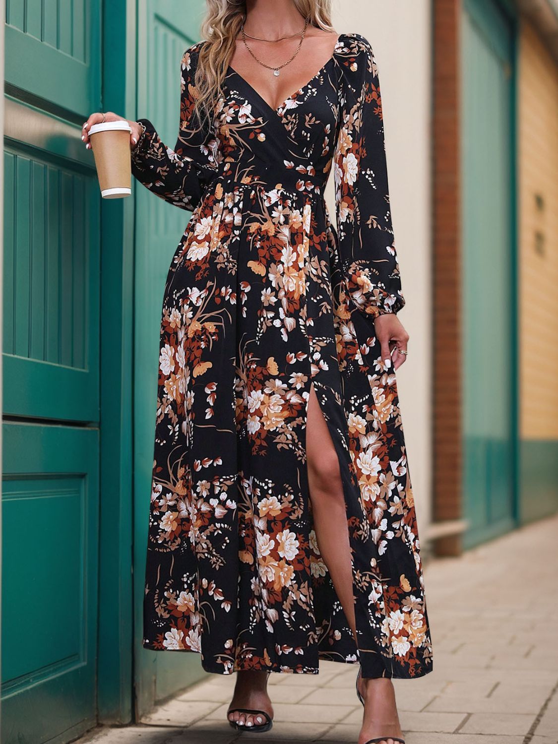 Slit Printed Surplice Long Sleeve Maxi Dress Orchid Unique 