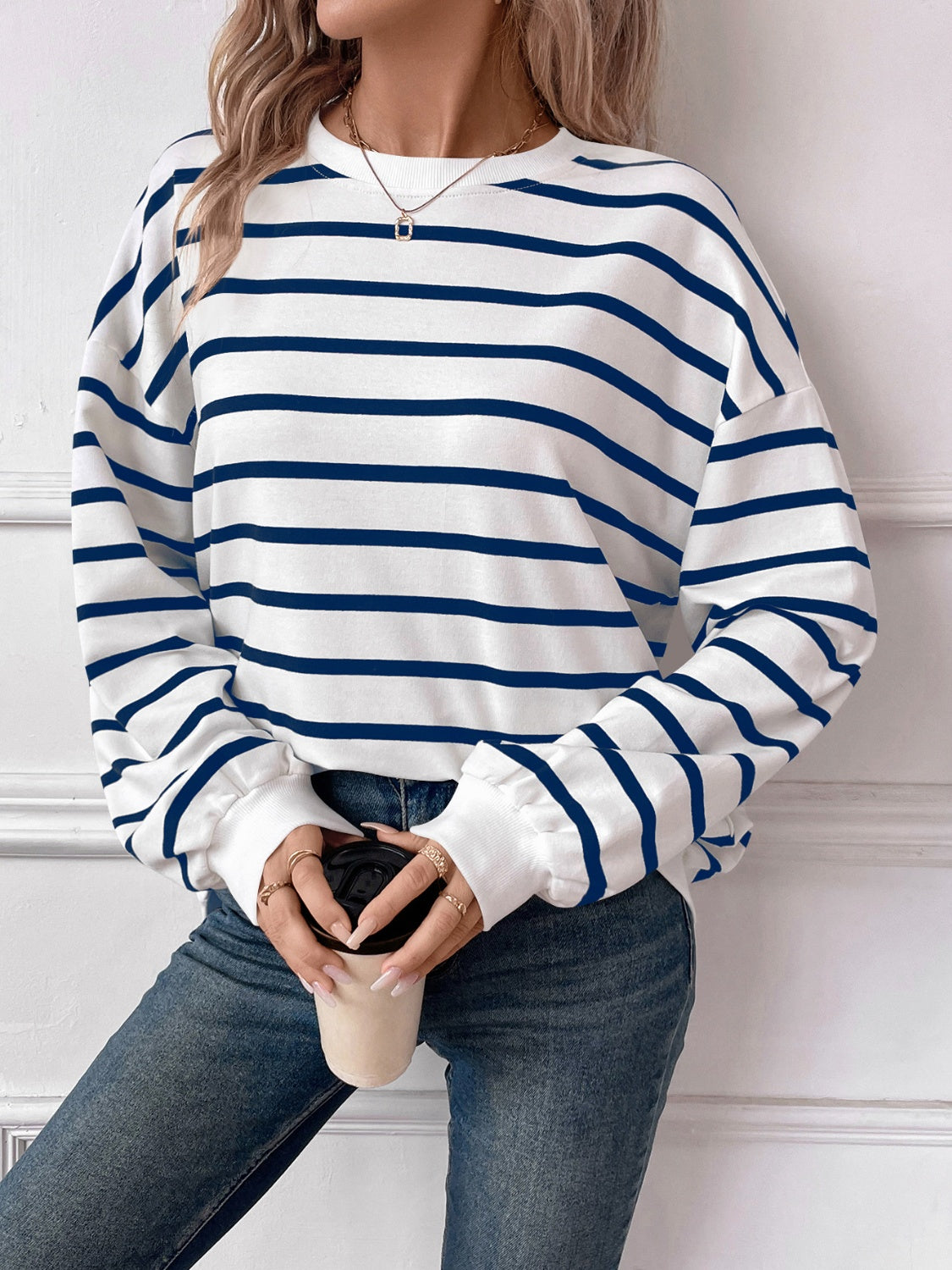 Striped Round Neck Long Sleeve Sweatshirt Orchid Unique 