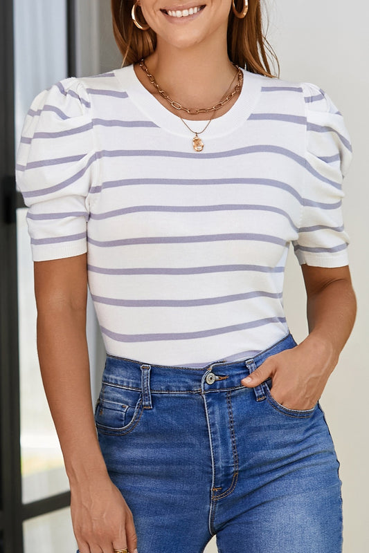 Striped Round Neck Puff Sleeve Knit Top Orchid Unique 