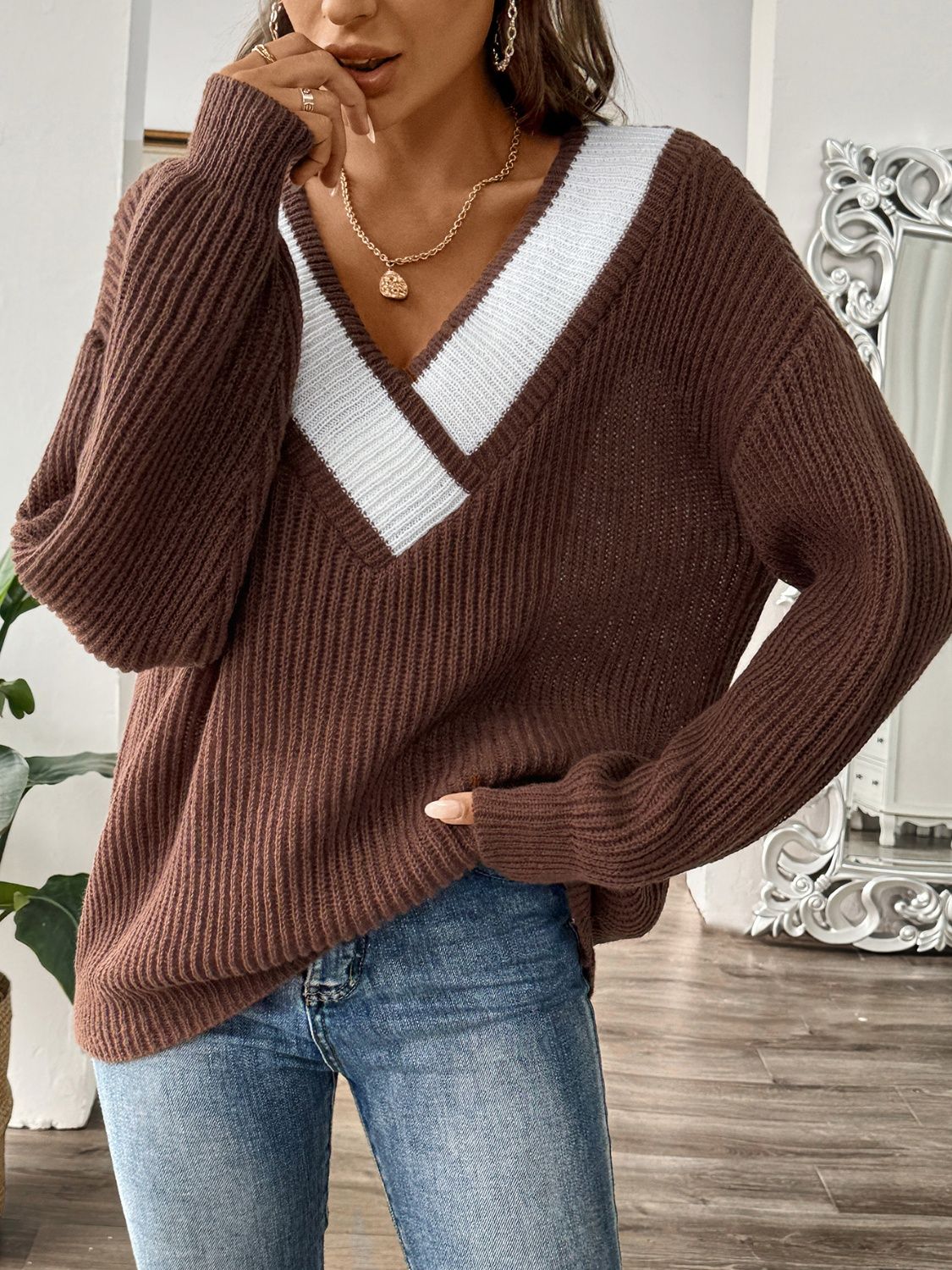 Contrast Dropped Shoulder Long Sleeve Sweater Orchid Unique 