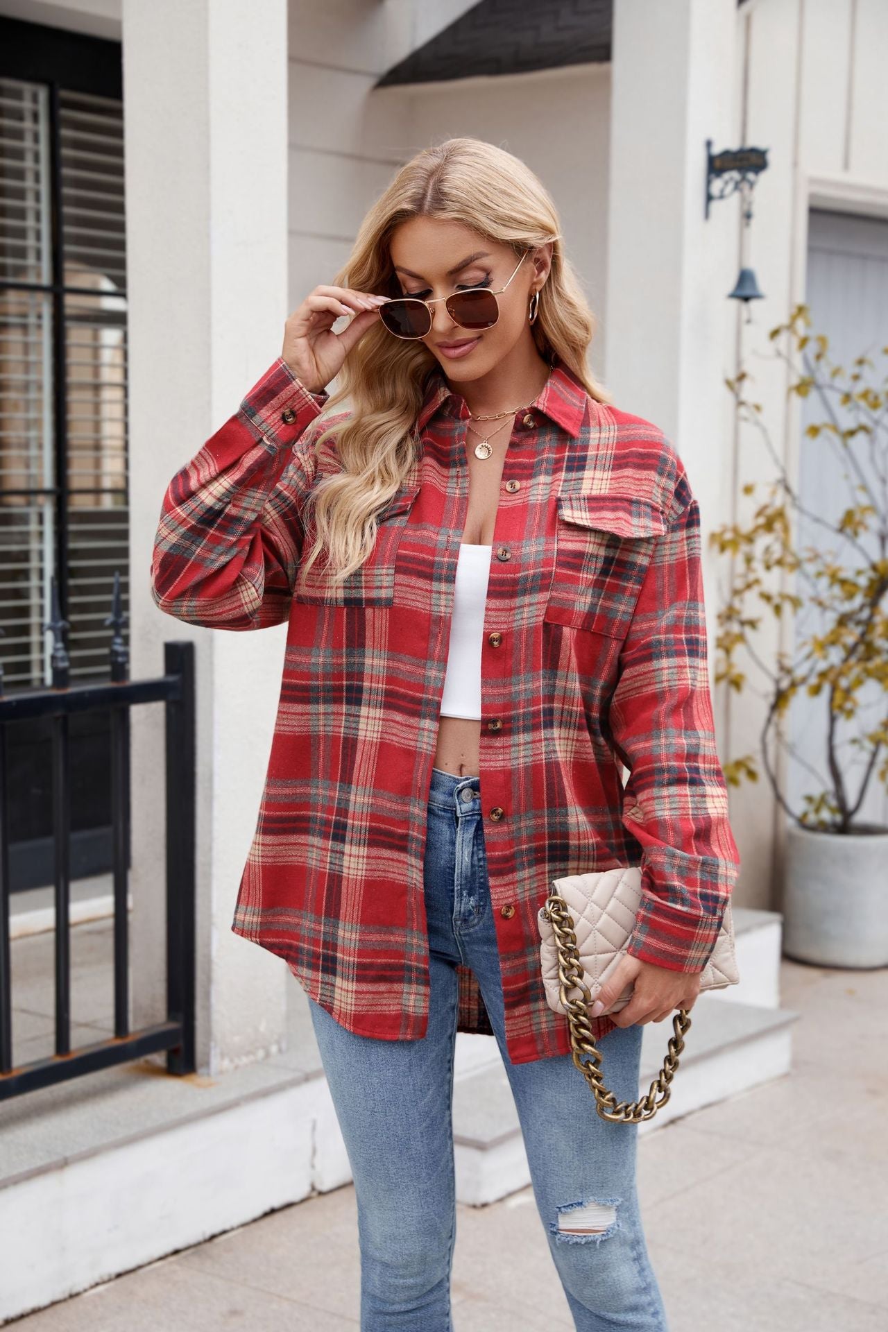 Plaid Button Up Long Sleeve Shirt Orchid Unique 