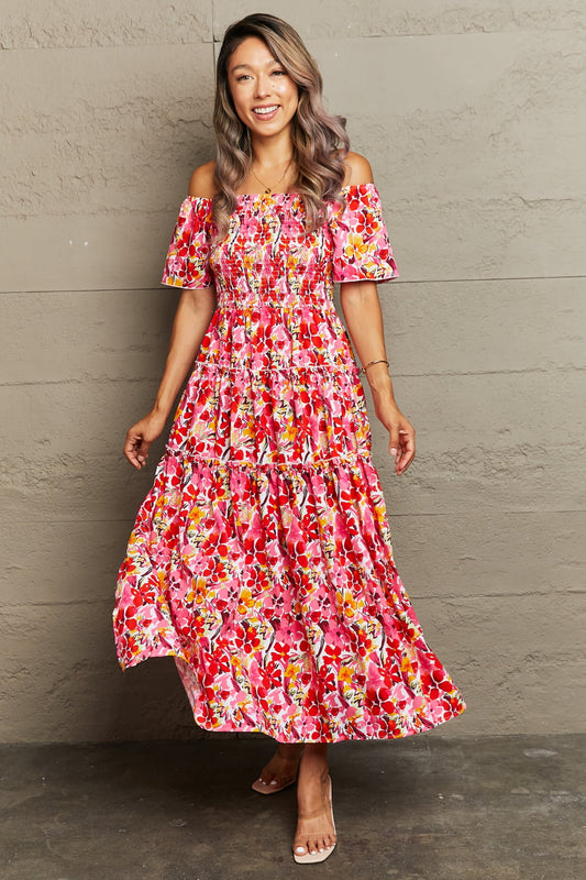 Floral Off-Shoulder Frill Trim Maxi Dress Orchid Unique 