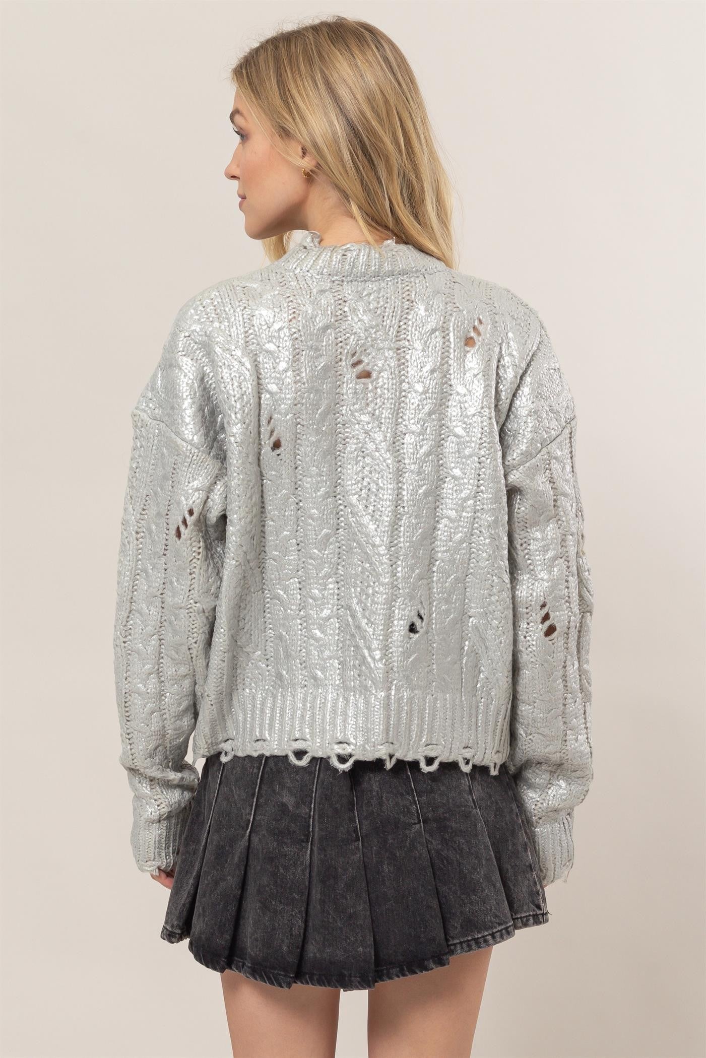 HYFVE Distressed Cable-Knit Round Neck Long Sleeve Sweater Orchid Unique 