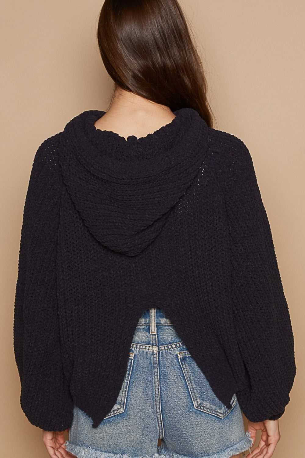 POL Back Open Slit Balloon Sleeve Crop Hooded Sweater Orchid Unique 