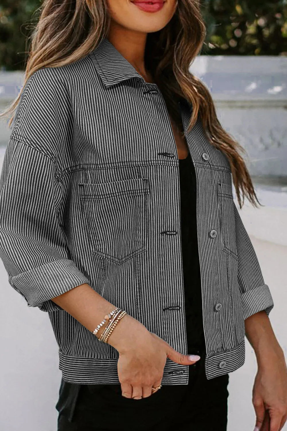 Striped Button Up Long Sleeve Denim Jacket Orchid Unique 