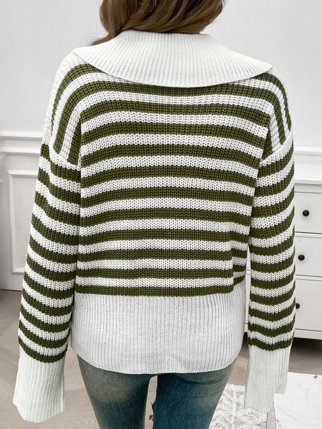 Striped Collared Neck Long Sleeve Sweater Orchid Unique 