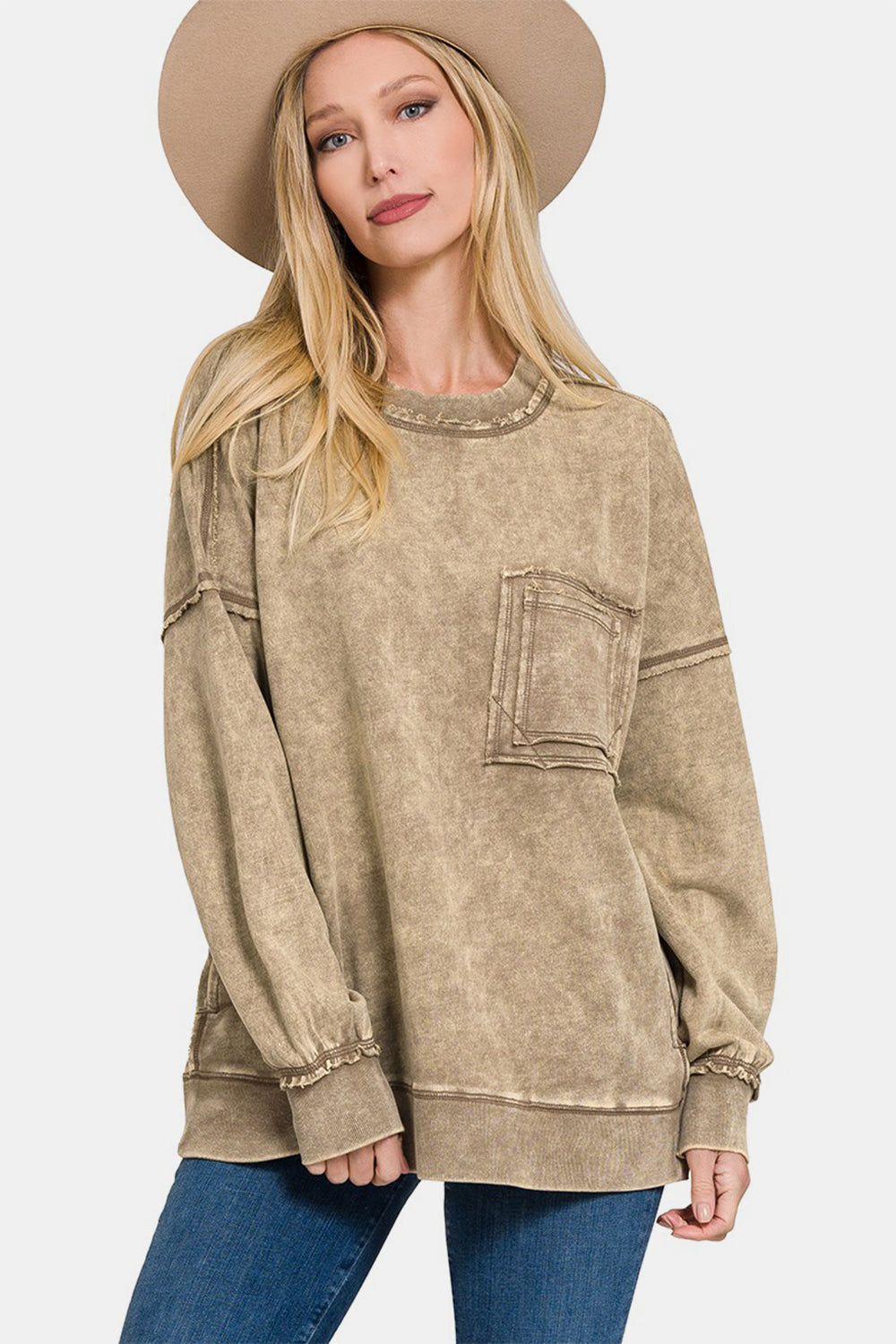 Zenana Exposed Seam Round Neck Dropped Shoulder Sweatshirt Orchid Unique 