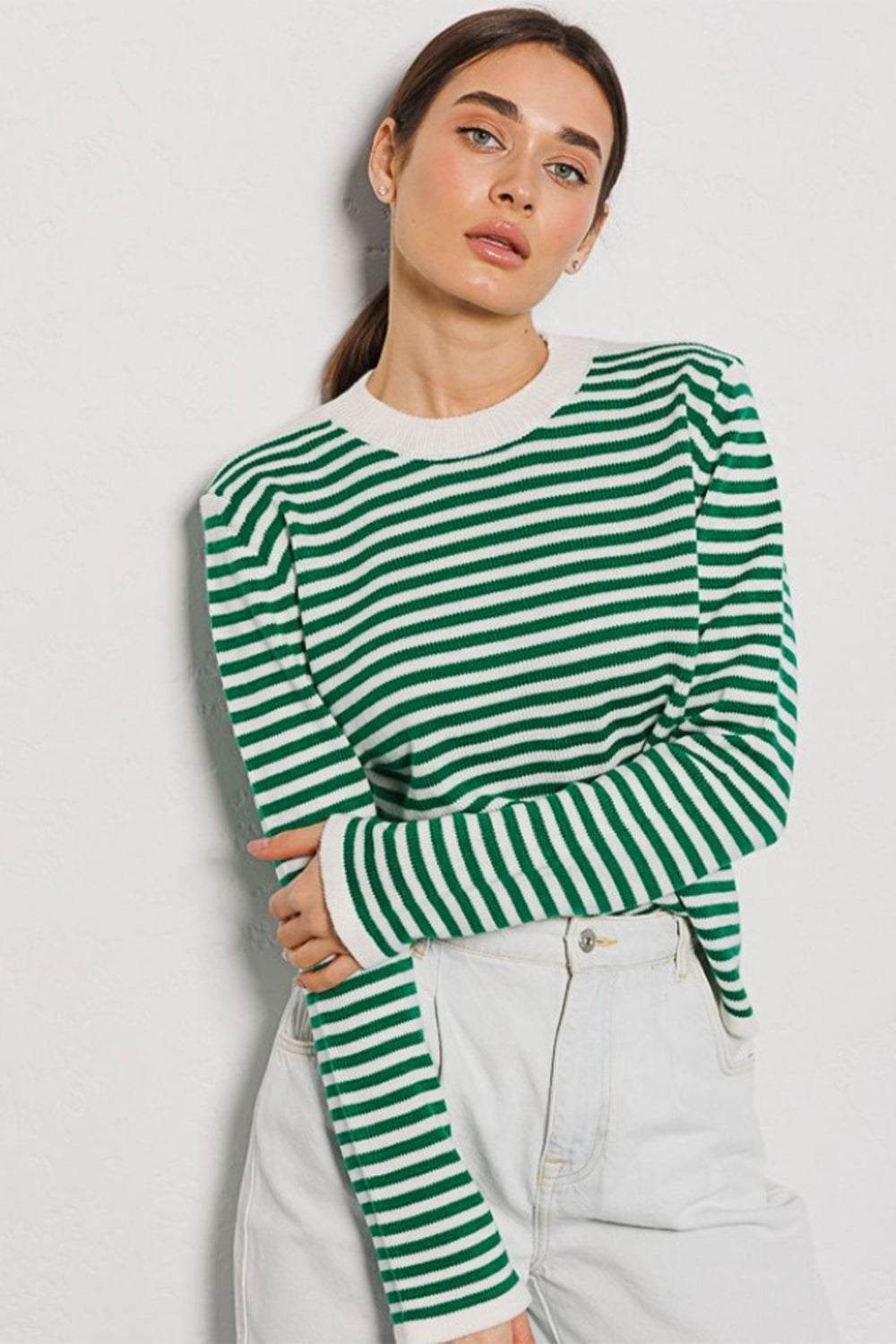 Striped Round Neck Long Sleeve Sweater Orchid Unique 