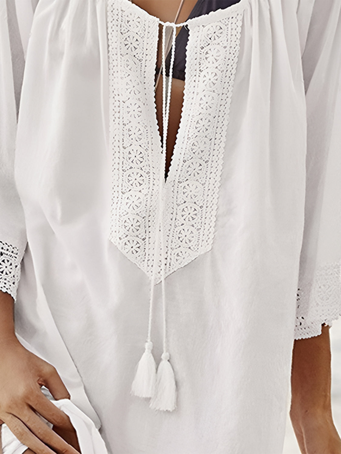 Lace Detail Tie Neck Three-Quarter Sleeve Cover Up Orchid Unique 