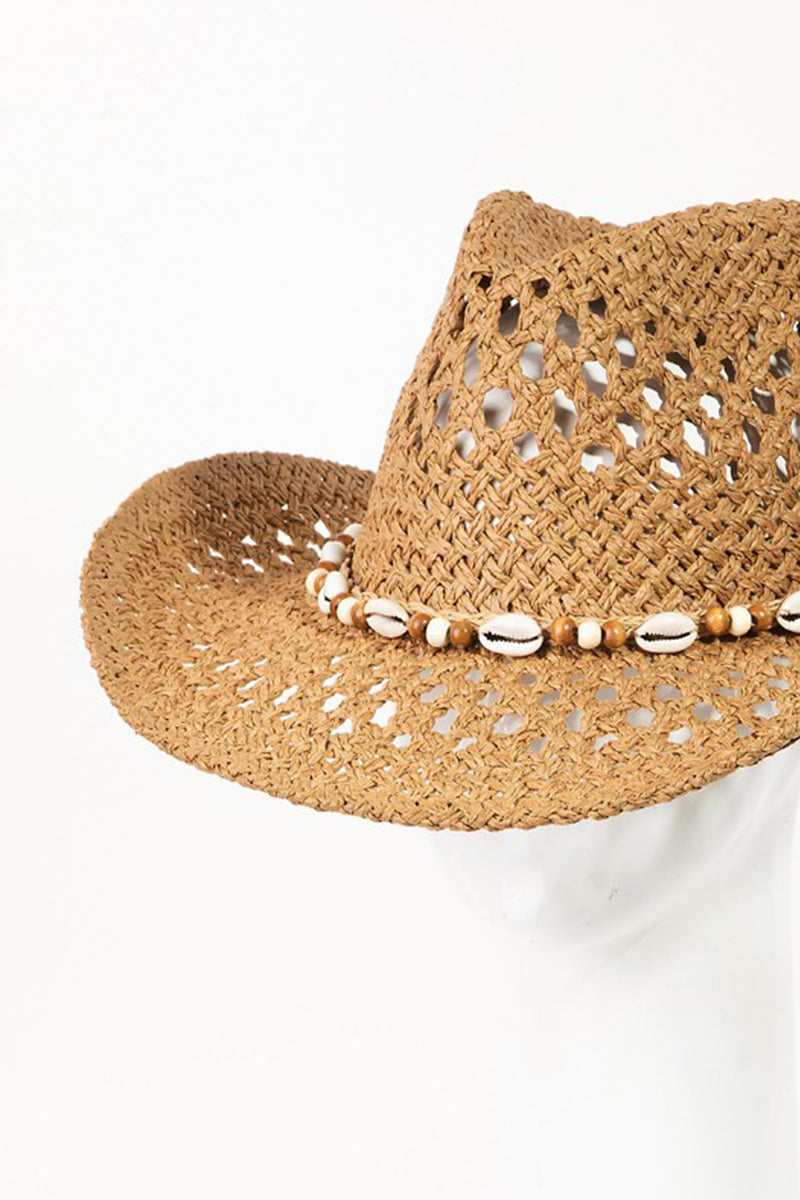 Fame Cowrie Shell Beaded String Straw Hat Orchid Unique 