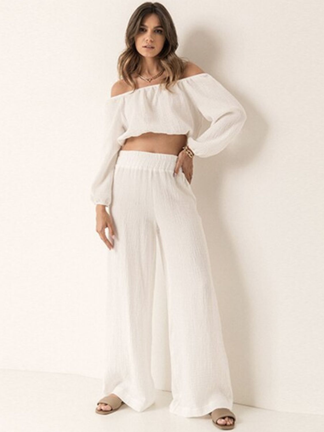 Off Shoulder Long Sleeve Top and Pants Set Orchid Unique 