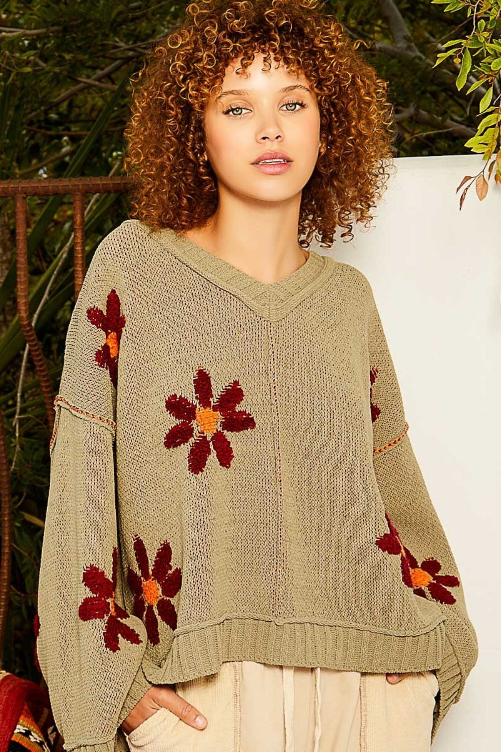 POL V-Neck Floral Pattern Chenille Sweater Orchid Unique 