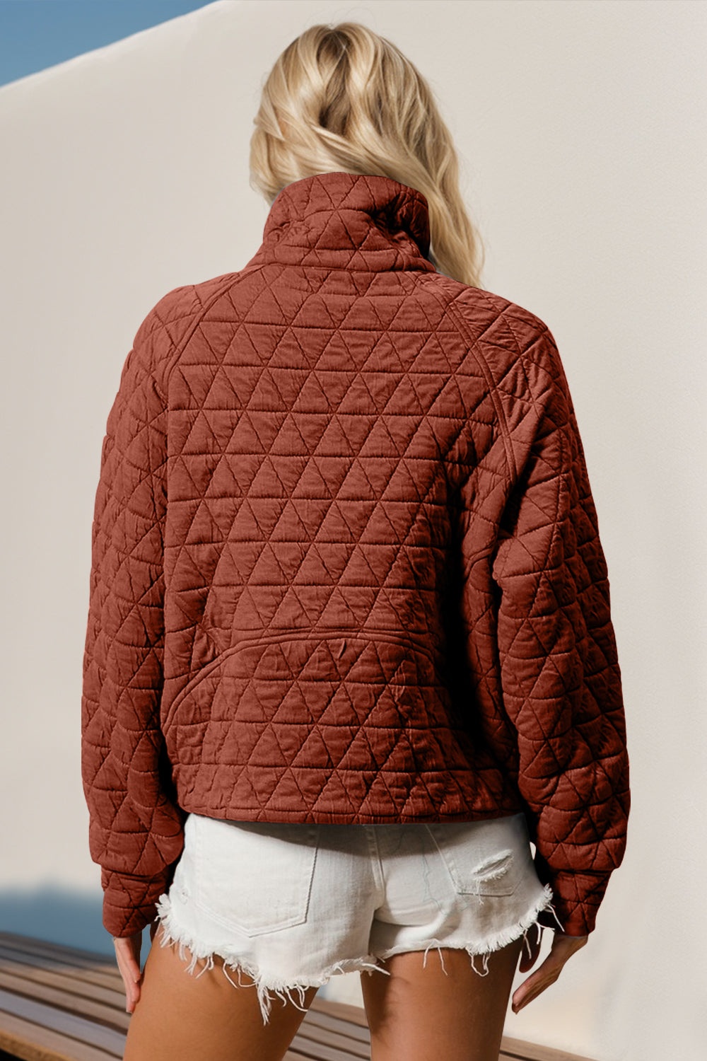 Double Take Half Zip Long Sleeve Quilted Sweatshirt with Pocket Orchid Unique 