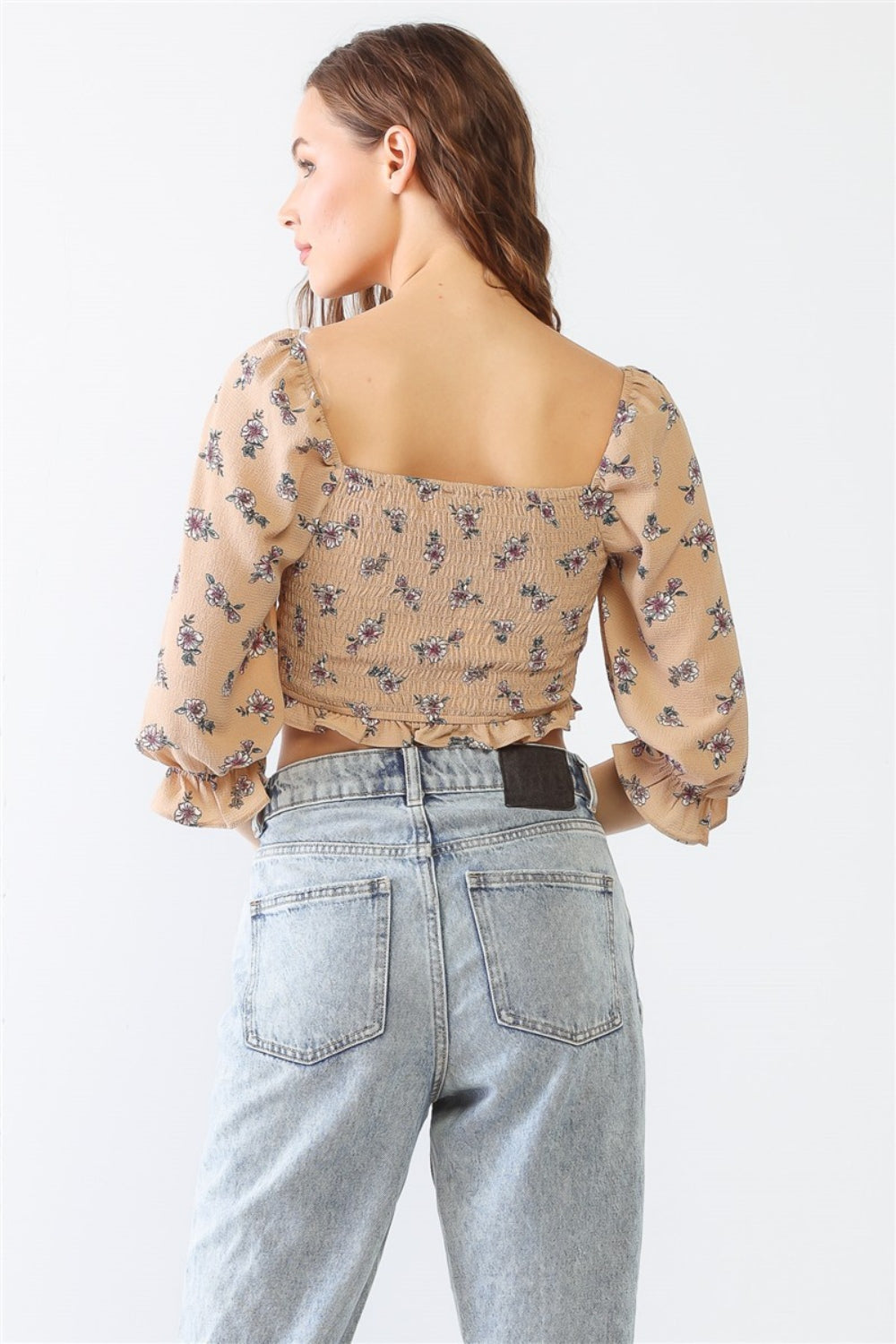 Tasha Apparel Floral Ruffle Smocked Back Ruched Crop Top Orchid Unique 