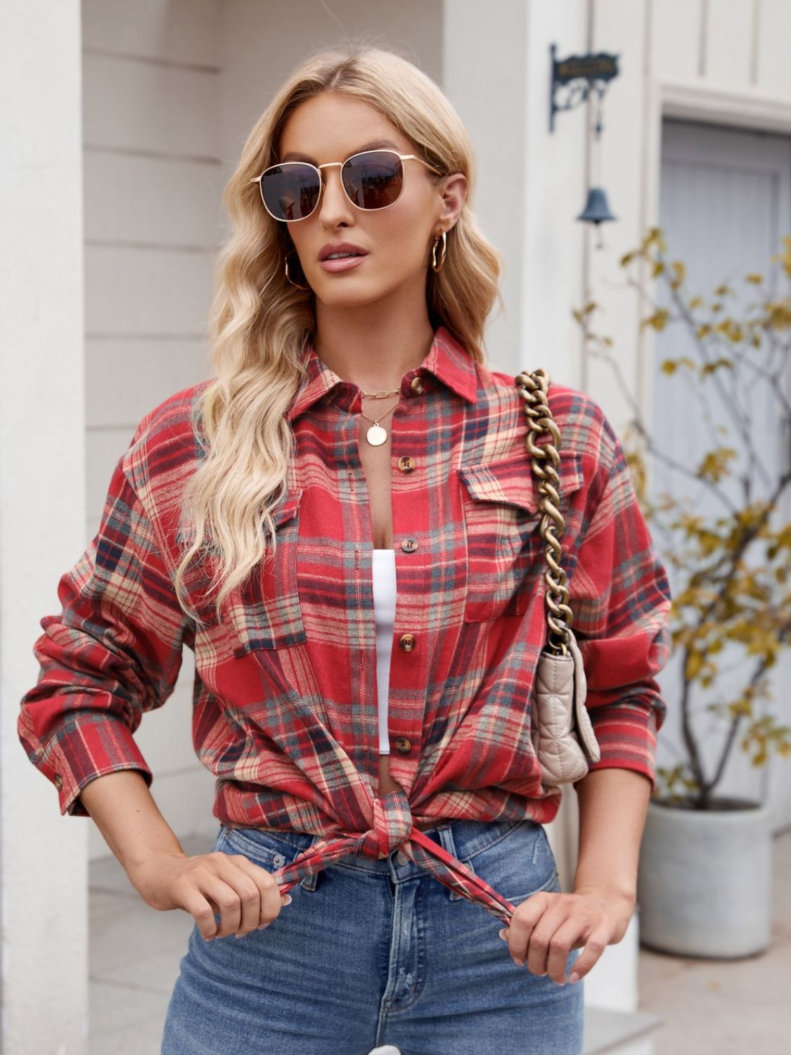 Plaid Button Up Long Sleeve Shirt Orchid Unique 