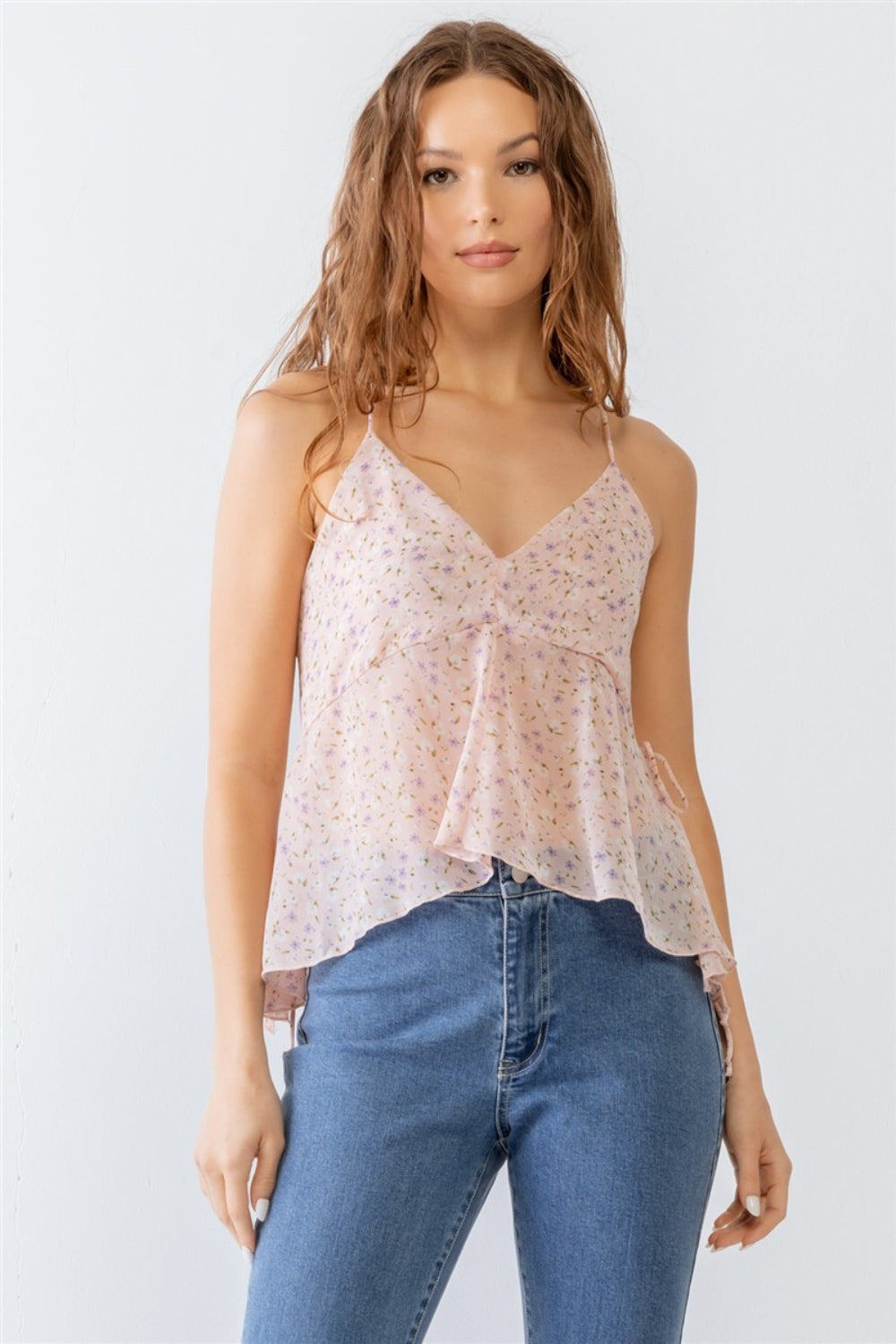 Tasha Apparel Floral Print V-Neck Criss-Cross Back Flare Cami Orchid Unique 