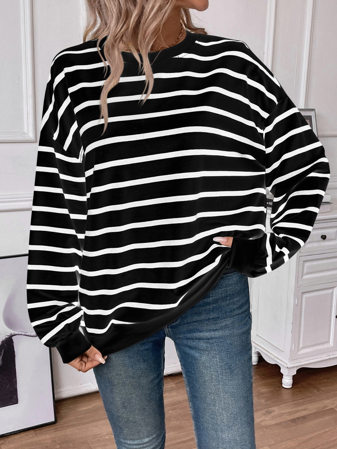 Striped Round Neck Long Sleeve Sweatshirt Orchid Unique 