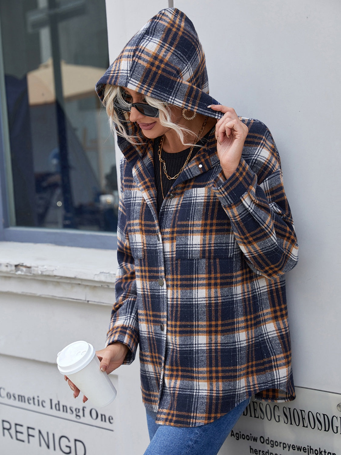 Plaid Button Up Long Sleeve Hooded Jacket Orchid Unique 