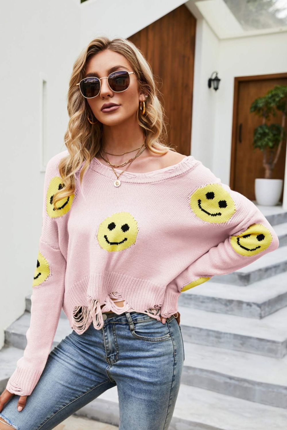 Smiley Face Distressed Round Neck Sweater Orchid Unique 