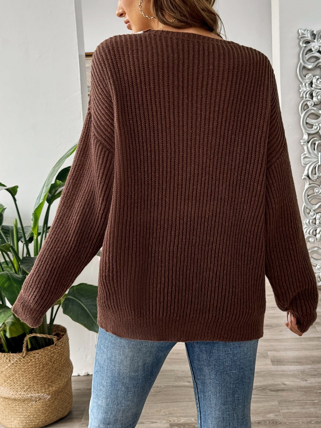 Contrast Dropped Shoulder Long Sleeve Sweater Orchid Unique 