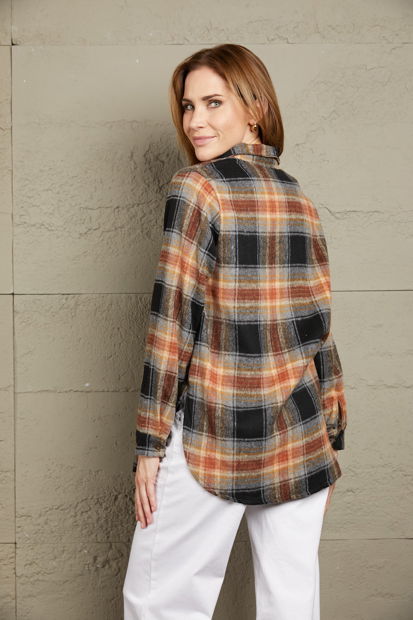 Double Take Plaid Side Slit Curved Hem Shirt Orchid Unique 