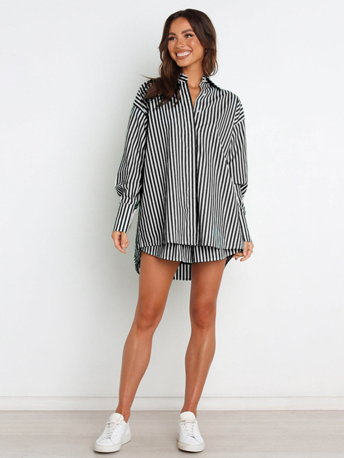 Striped Dropped Shoulder Shirt and Shorts Set Orchid Unique 