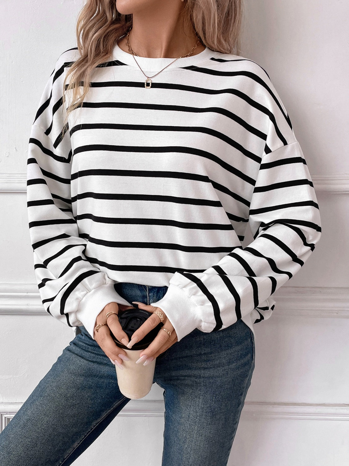 Striped Round Neck Long Sleeve Sweatshirt Orchid Unique 