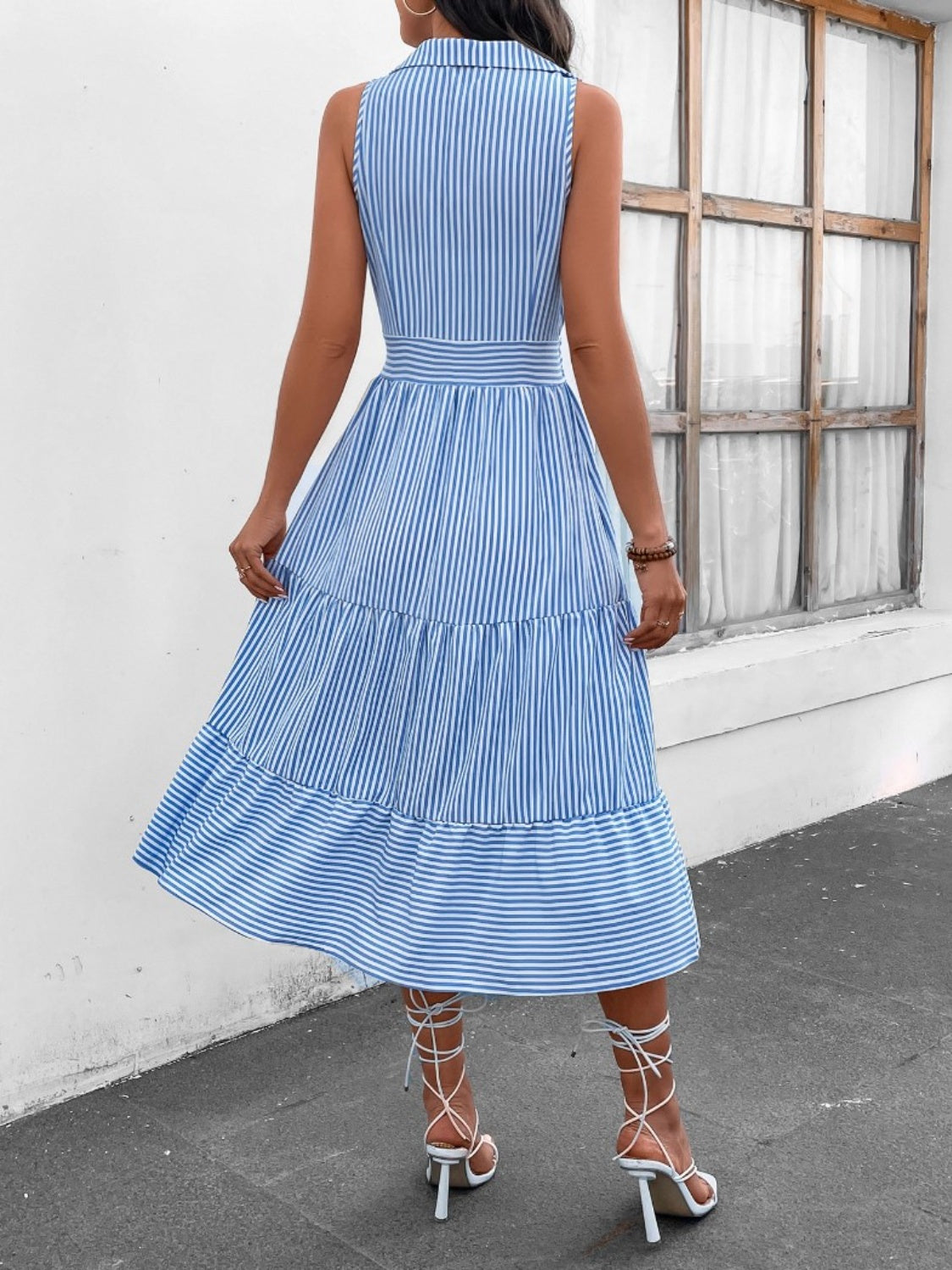 Striped Johnny Collar Sleeveless Midi Dress Orchid Unique 