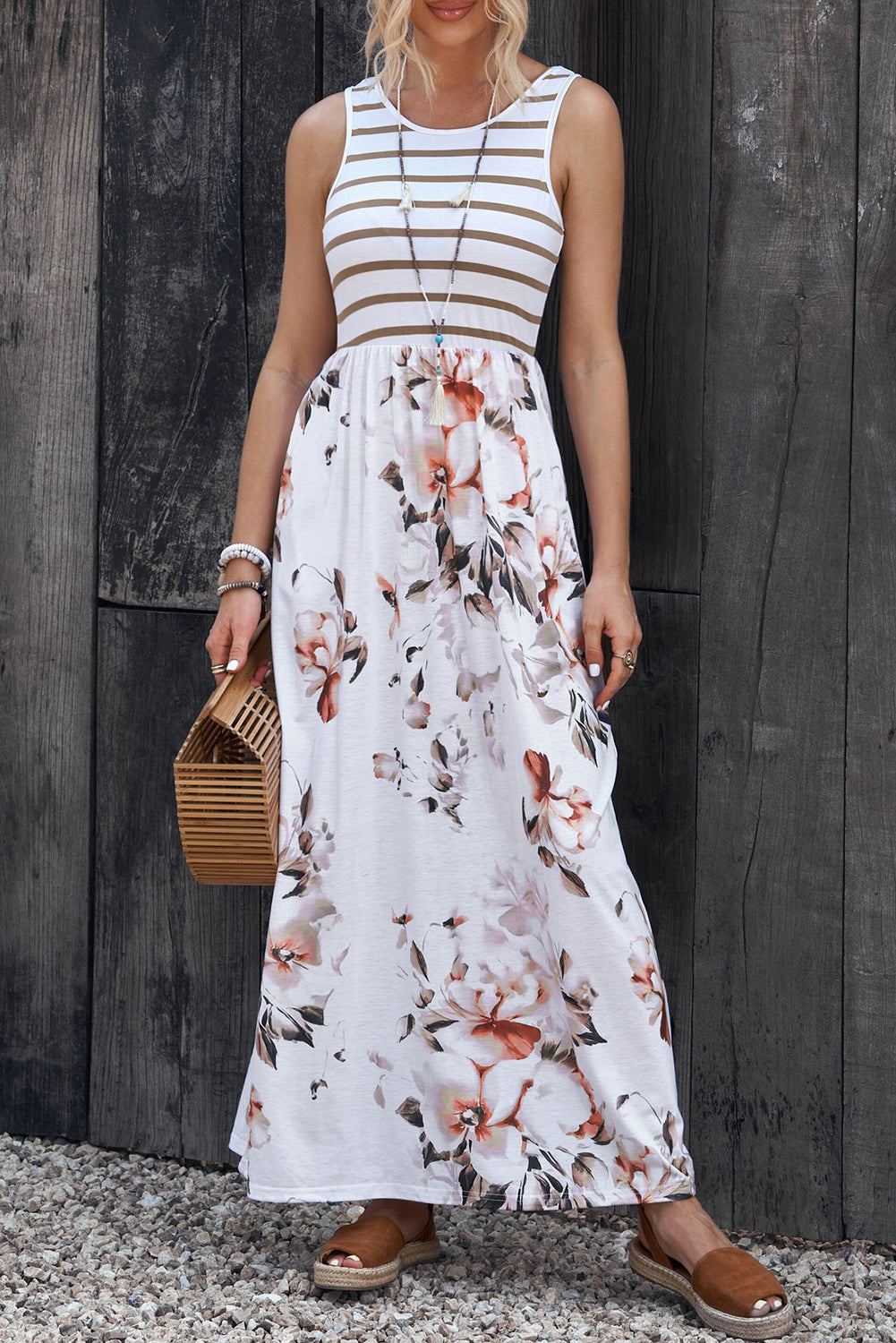 Striped Floral Round Neck Sleeveless Maxi Dress Orchid Unique 