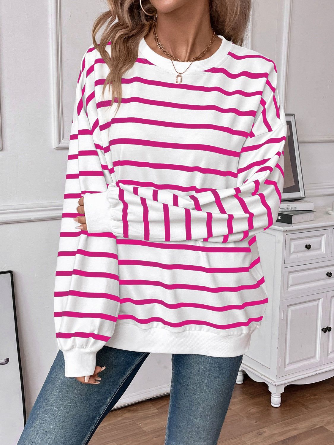 Striped Round Neck Long Sleeve Sweatshirt Orchid Unique 