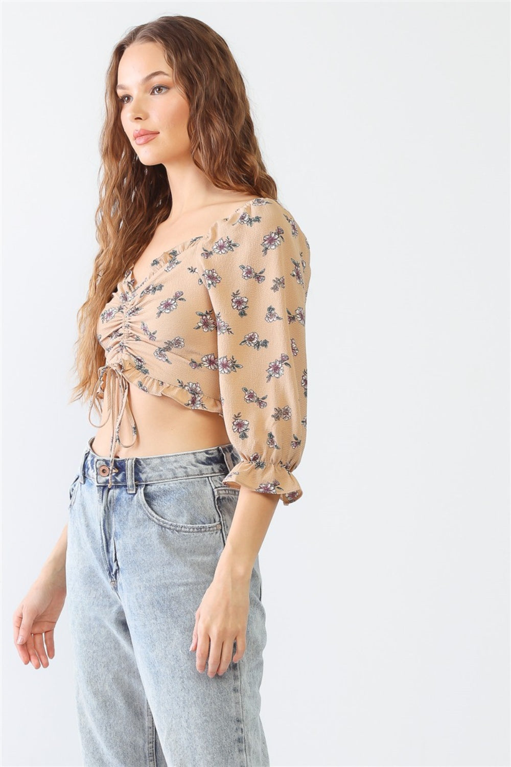 Tasha Apparel Floral Ruffle Smocked Back Ruched Crop Top Orchid Unique 