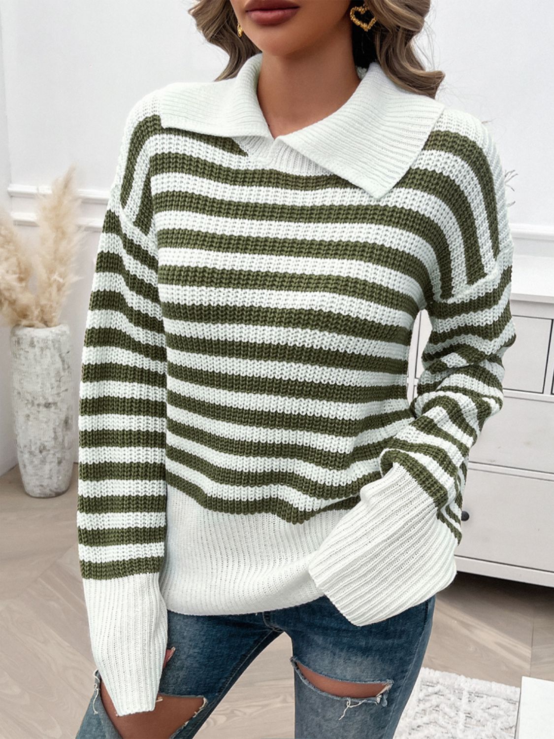 Striped Collared Neck Long Sleeve Sweater Orchid Unique 