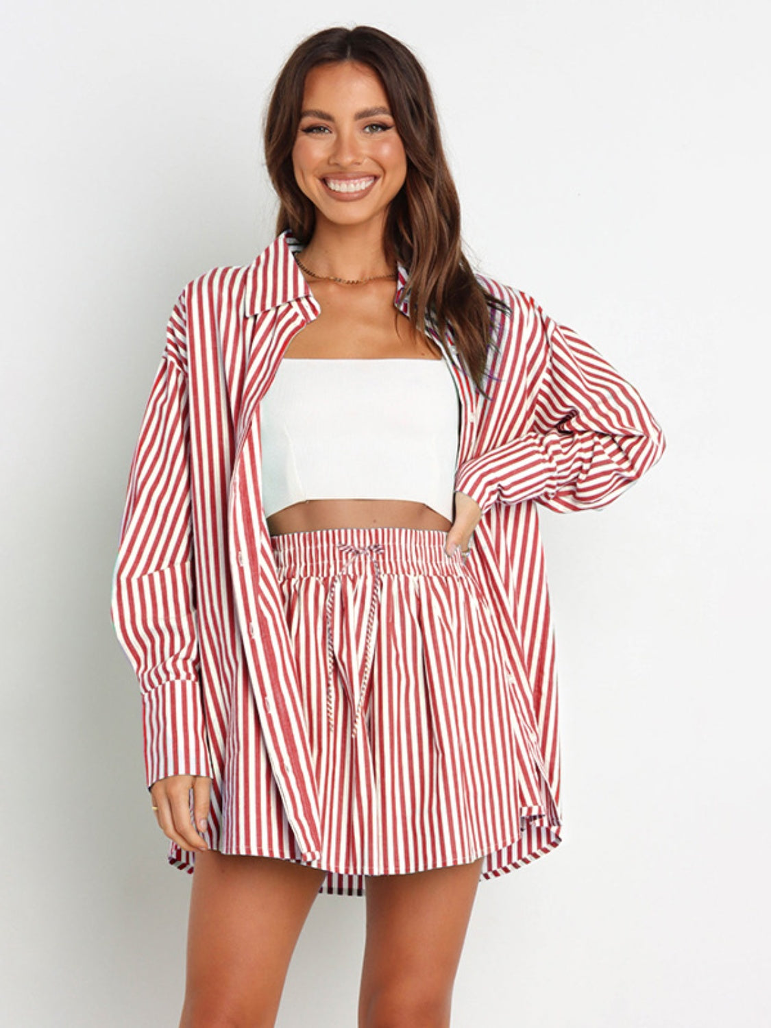 Striped Dropped Shoulder Shirt and Shorts Set Orchid Unique 