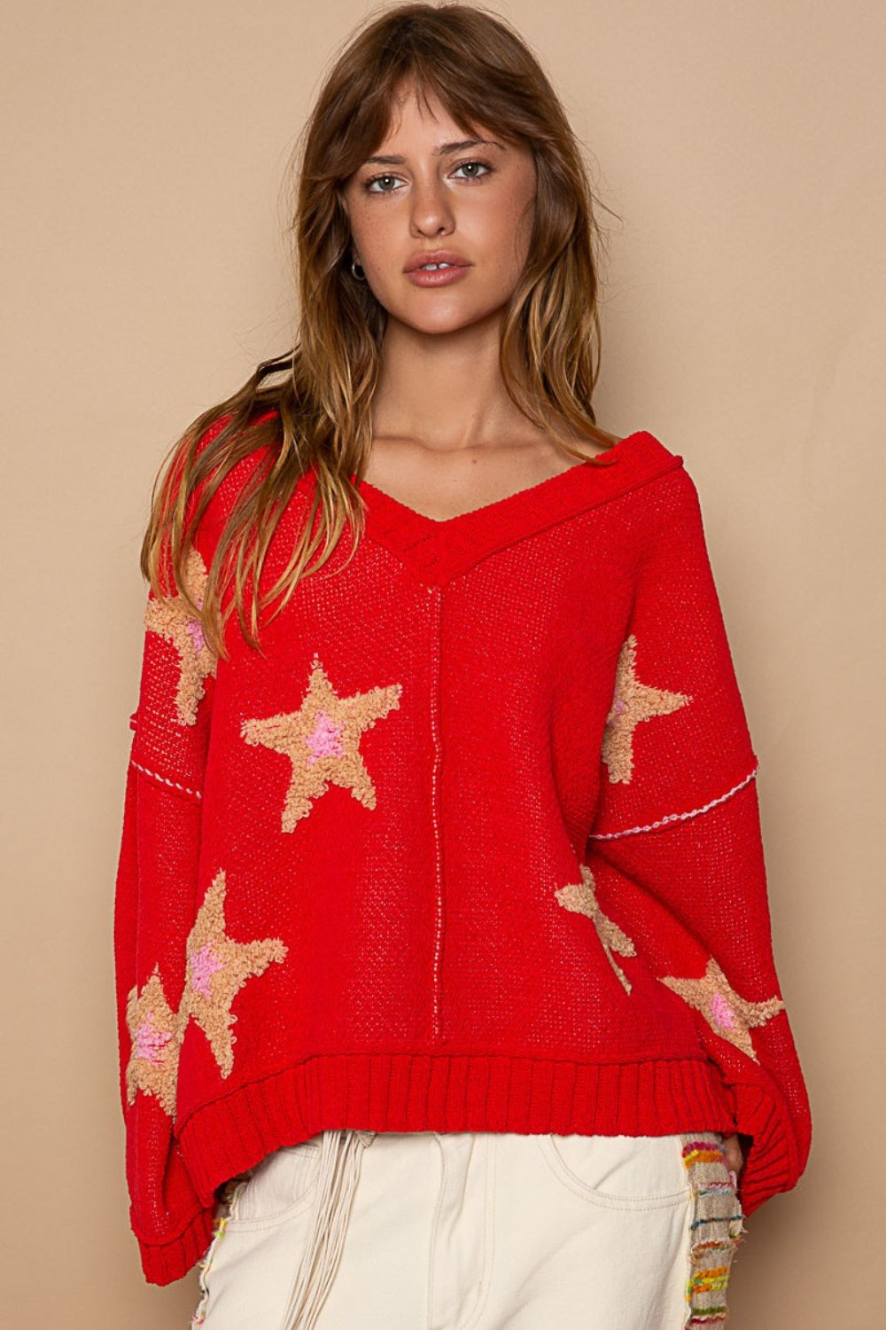 POL Long Sleeve Star Patch Sweater Orchid Unique 