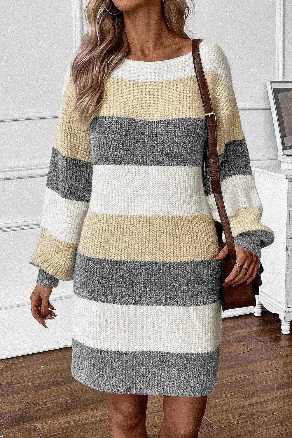 Color Block Boat Neck Long Sleeve Sweater Dress Orchid Unique 