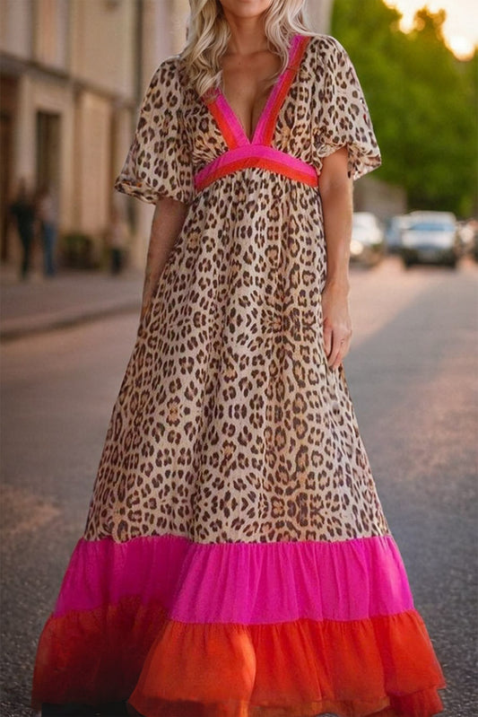 Full Size Leopard V-Neck Half Sleeve Maxi Dress Orchid Unique 