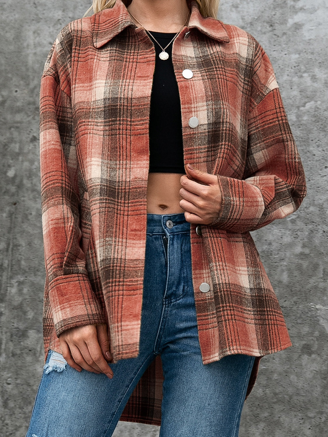 Plaid Button Up Long Sleeve Jacket Orchid Unique 