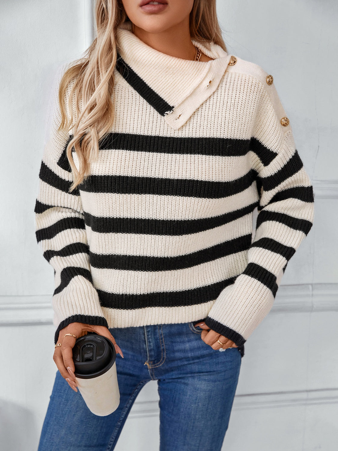 Buttoned Striped Long Sleeve Sweater Orchid Unique 