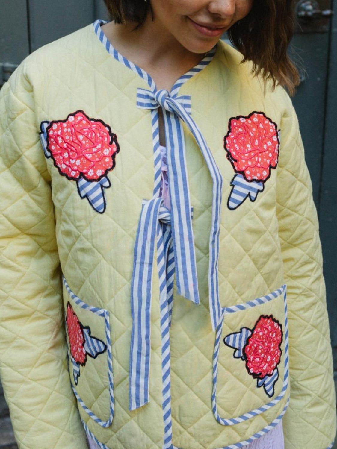 Embroidered Flower Tied Long Sleeve Winter Coat Orchid Unique 