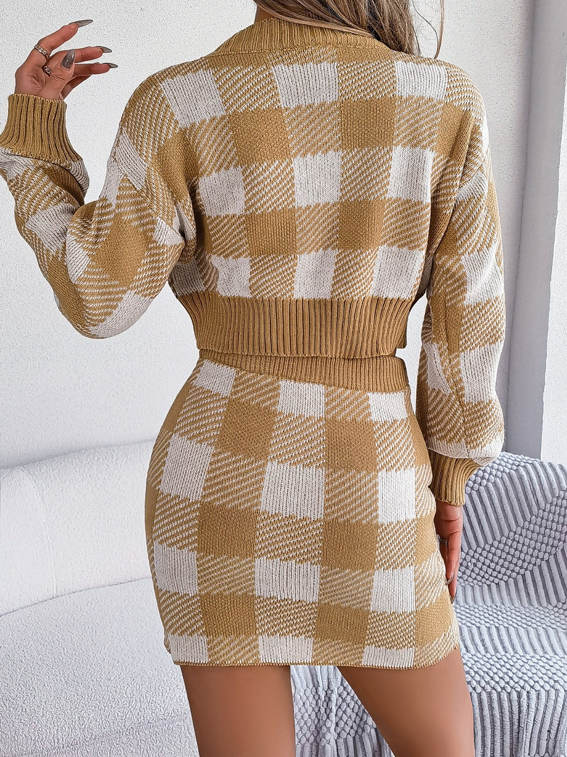 Plaid Round Neck Top and Skirt Sweater Set Orchid Unique 