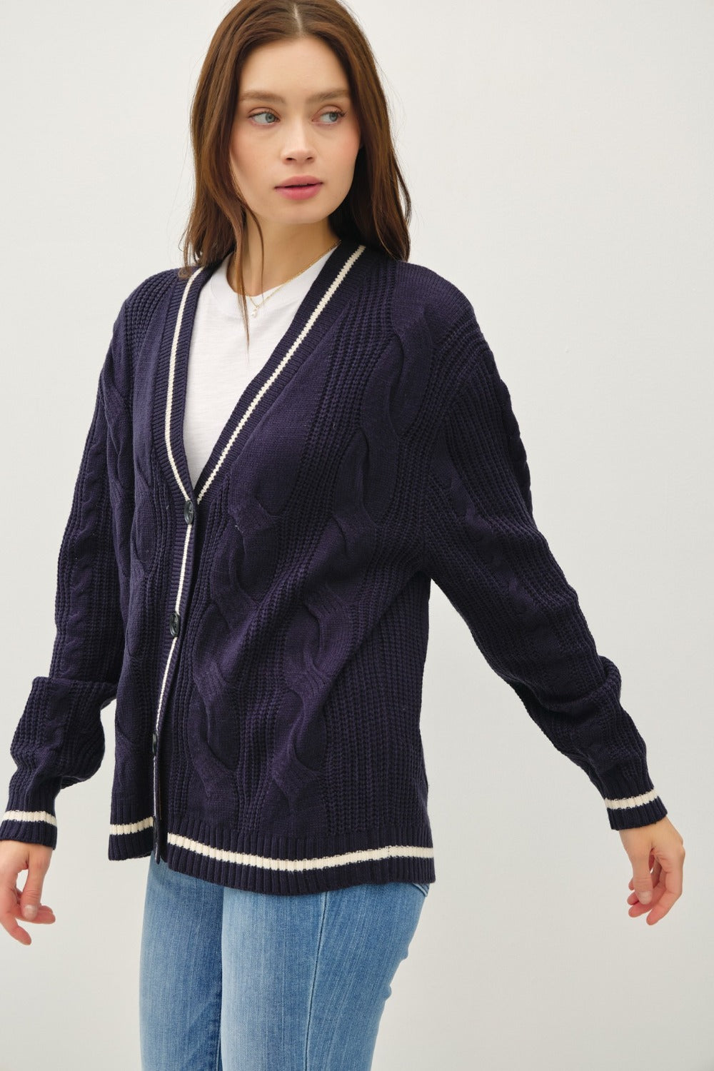 Be Cool Contrast Trim Cable-Knit V-Neck Cardigan Orchid Unique 