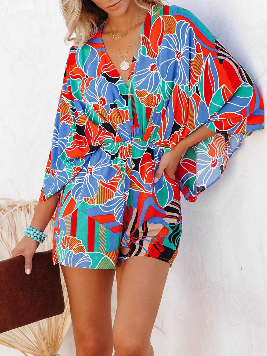 Tied Printed Kimono Sleeve Romper Orchid Unique 