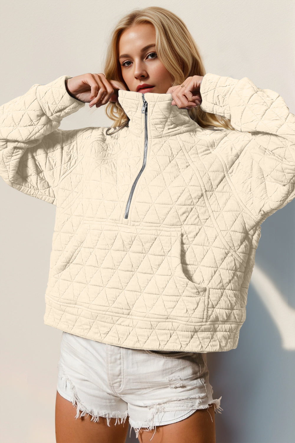 Double Take Half Zip Long Sleeve Quilted Sweatshirt with Pocket Orchid Unique 