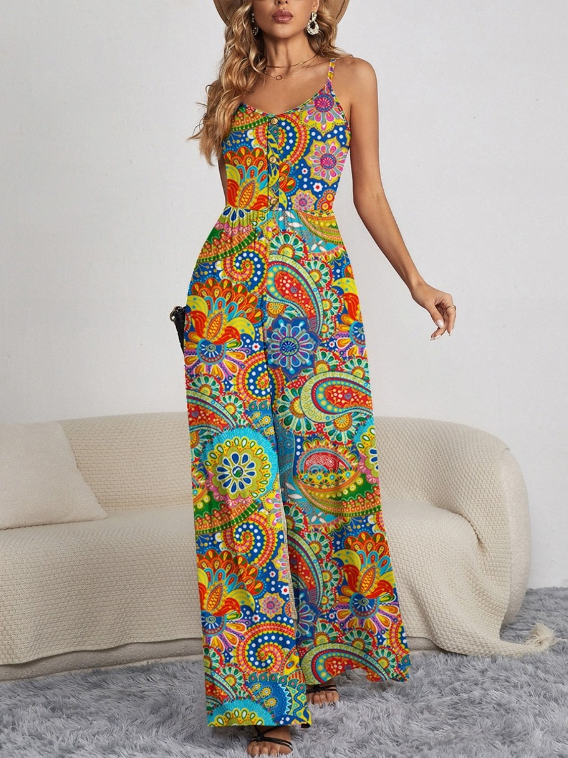 Decorative Button Spaghetti Strap Wide Leg Jumpsuit Orchid Unique 