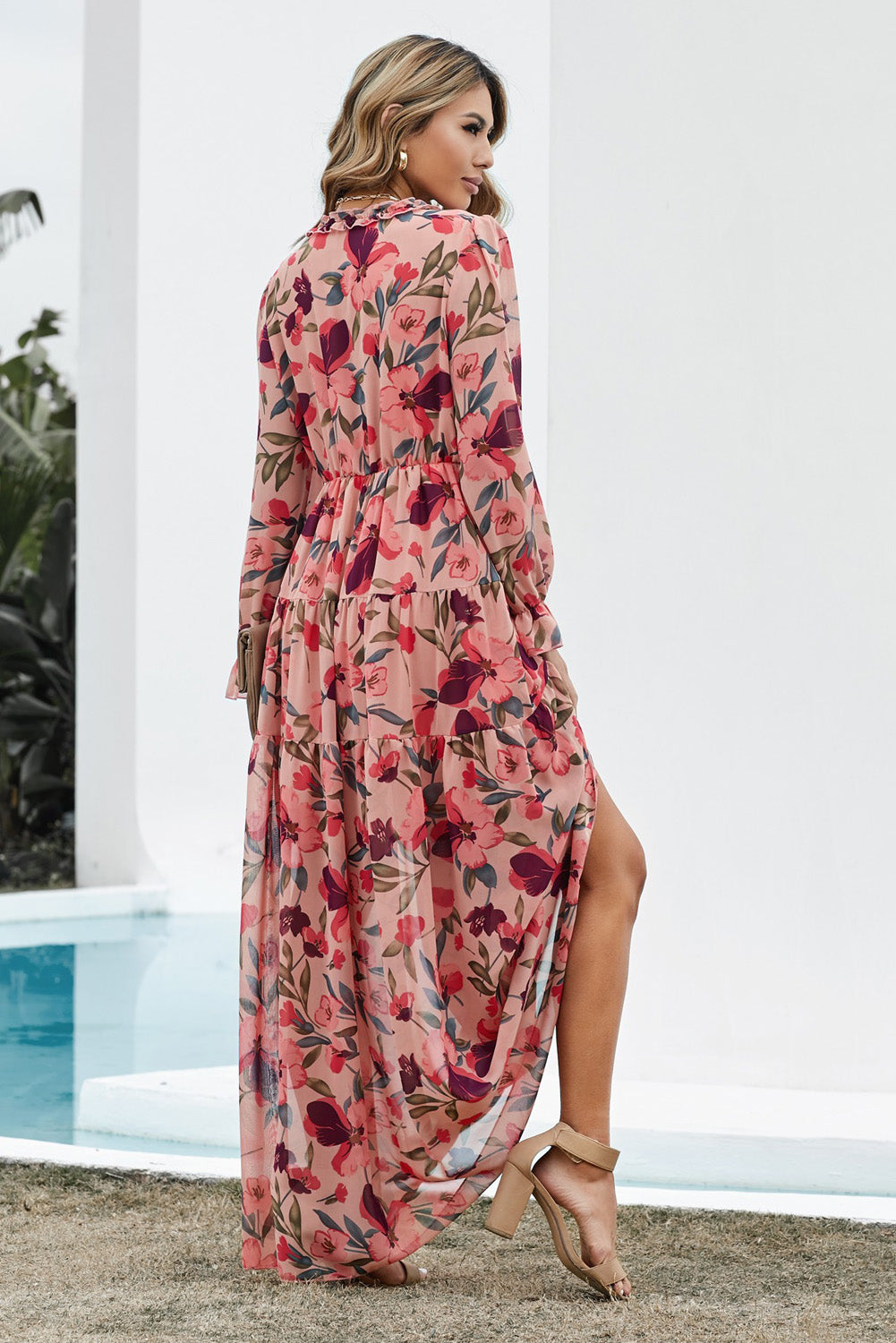 Floral Frill Trim Flounce Sleeve Plunge Maxi Dress Orchid Unique 