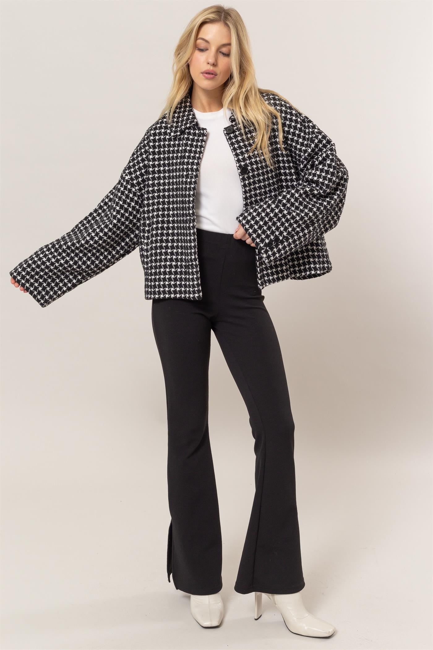 HYFVE Tweed Plaid Button Up Collared Neck Jacket Orchid Unique 