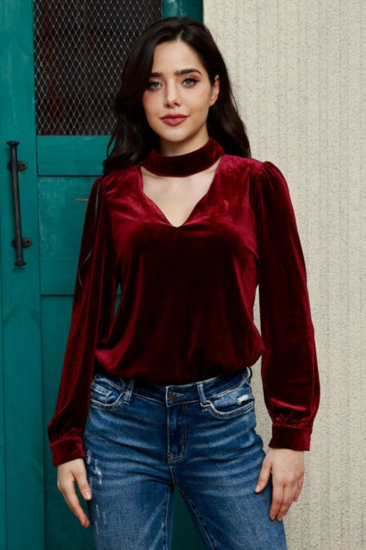 Cutout Puff Sleeve Velvet Blouse Orchid Unique 