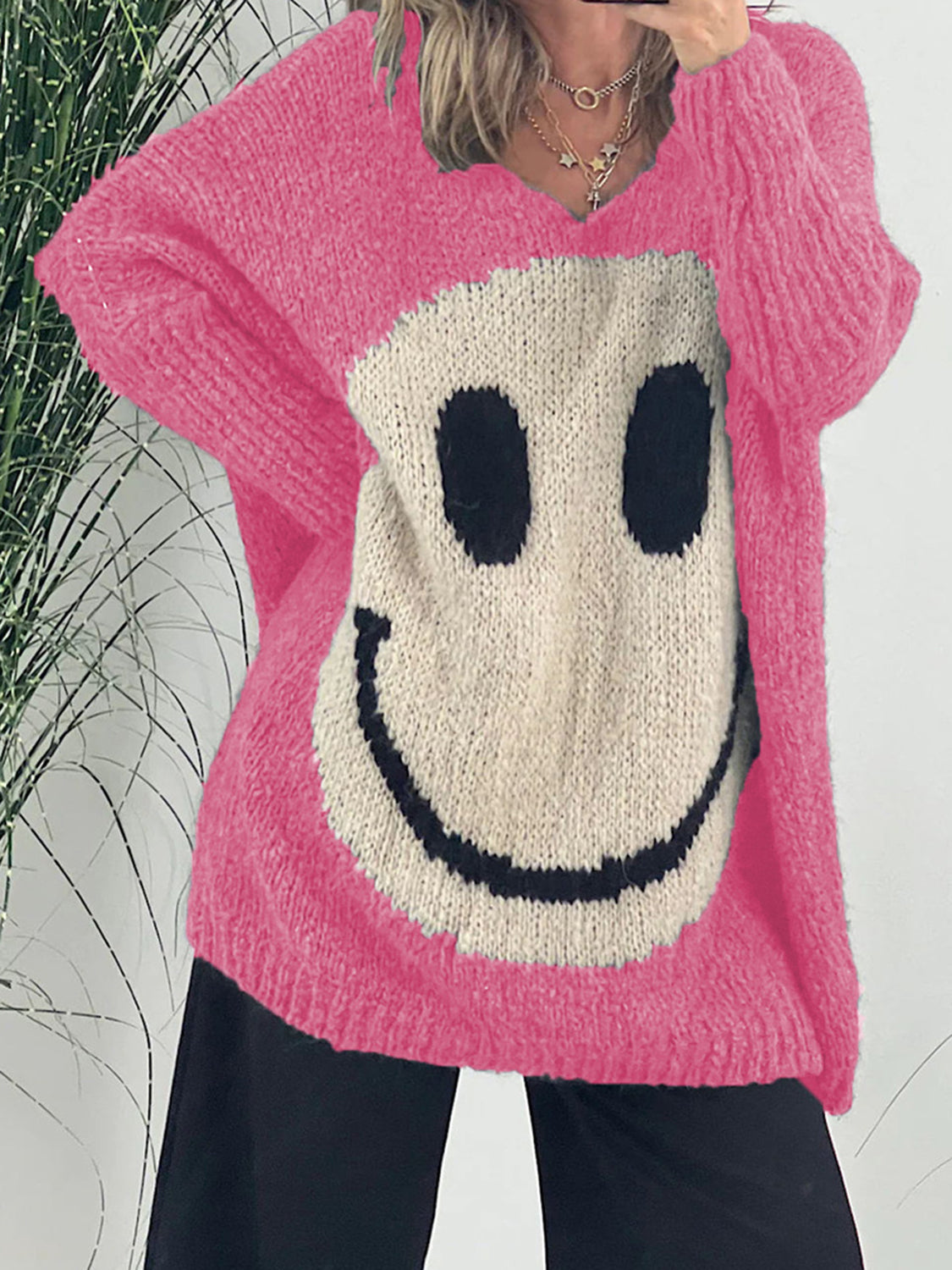 Smiling Face V-Neck Long Sleeve Sweater Orchid Unique 