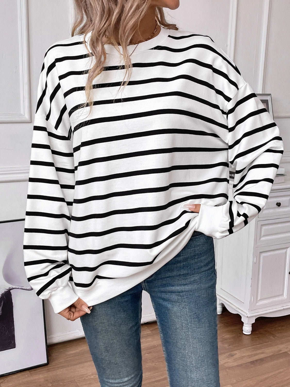 Striped Round Neck Long Sleeve Sweatshirt Orchid Unique 